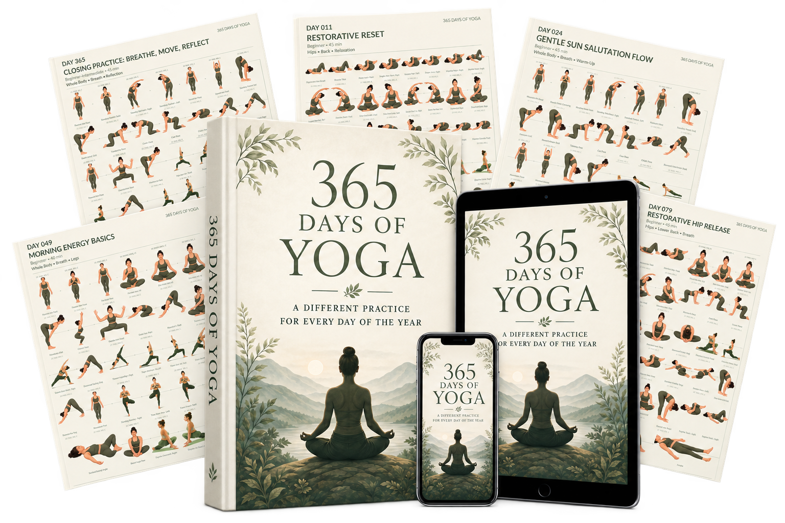 365 Days of Yoga digital book mockup with illustrated sequence pages, tablet and phone editions