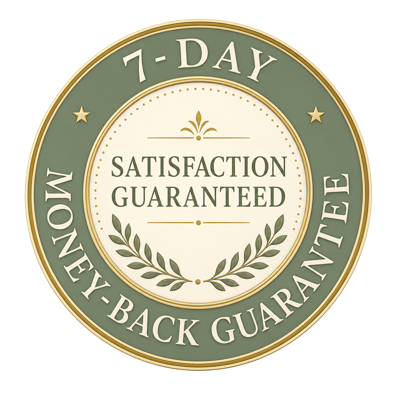 7-day money-back guarantee seal, satisfaction guaranteed
