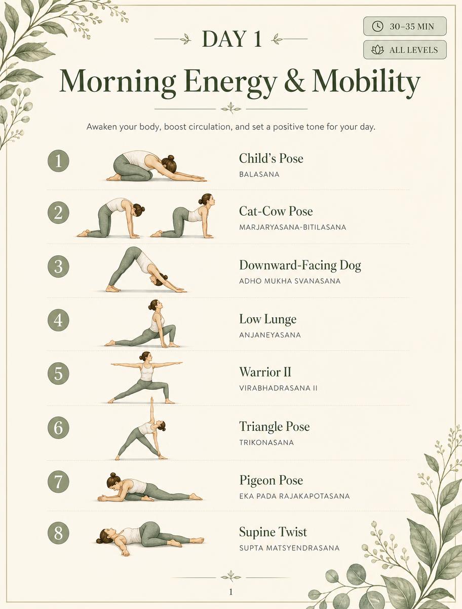 Day 1 — Morning energy and mobility yoga sequence page